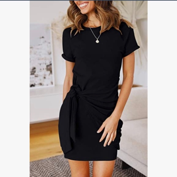 MEROKEETY Sleeveless Crew Neck T-Shirt Dress, Tie Waist, Ruched, Bodycon - Picture 5 of 10